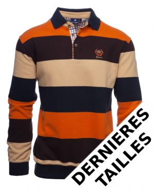 Long sleeve polo-shirt, ORANGE/ BROWN / SAND / NAVY stripes