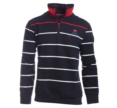 Men's sweater, zip neck, long sleeves, navy red OCHER stripes, soft touch