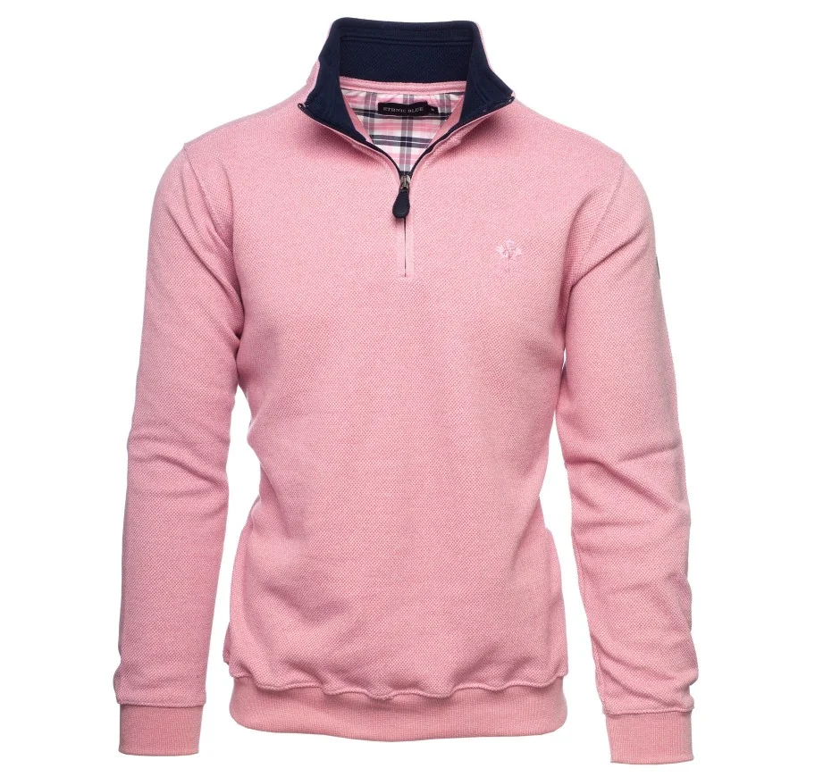 Men's sweater, zip neck, long sleeves, light red, piqué mesh