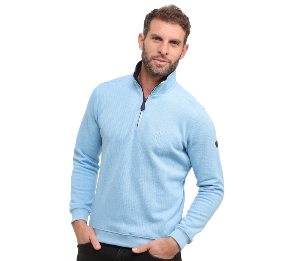 Men's sweater, zip neck, long sleeves, light red, piqué mesh