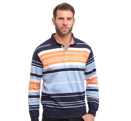 polo rayé homme maille légère manches longues ardoise bleu ciel
