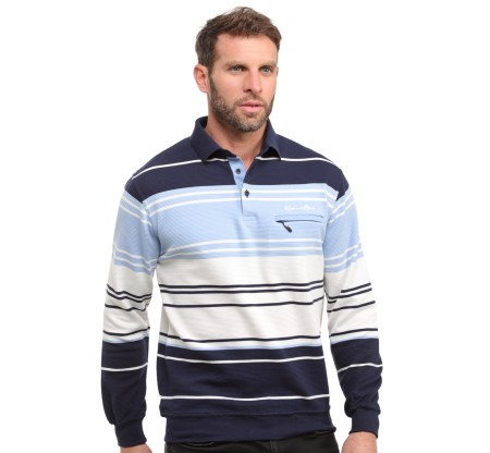 Long sleeve polo-shirt, green white navy, ottoman knit