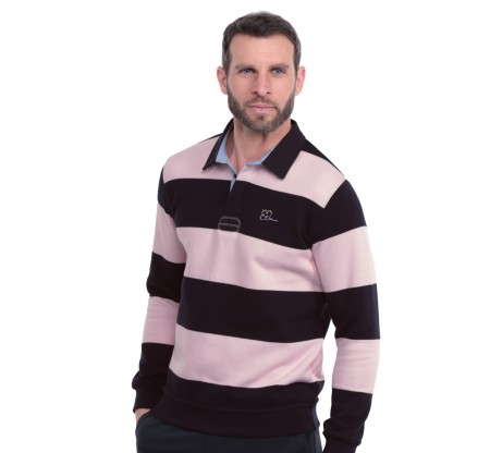 Polo rugby homme manches longues rayé marine rose