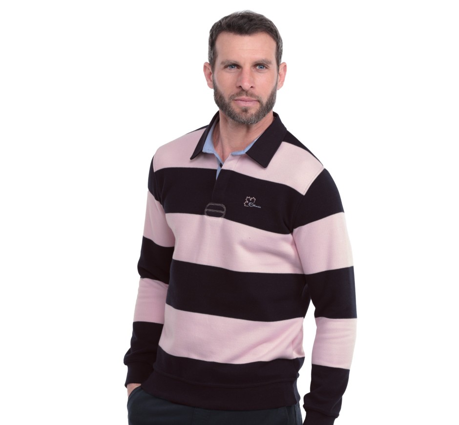 Polo rugby homme manches longues rayé marine rose