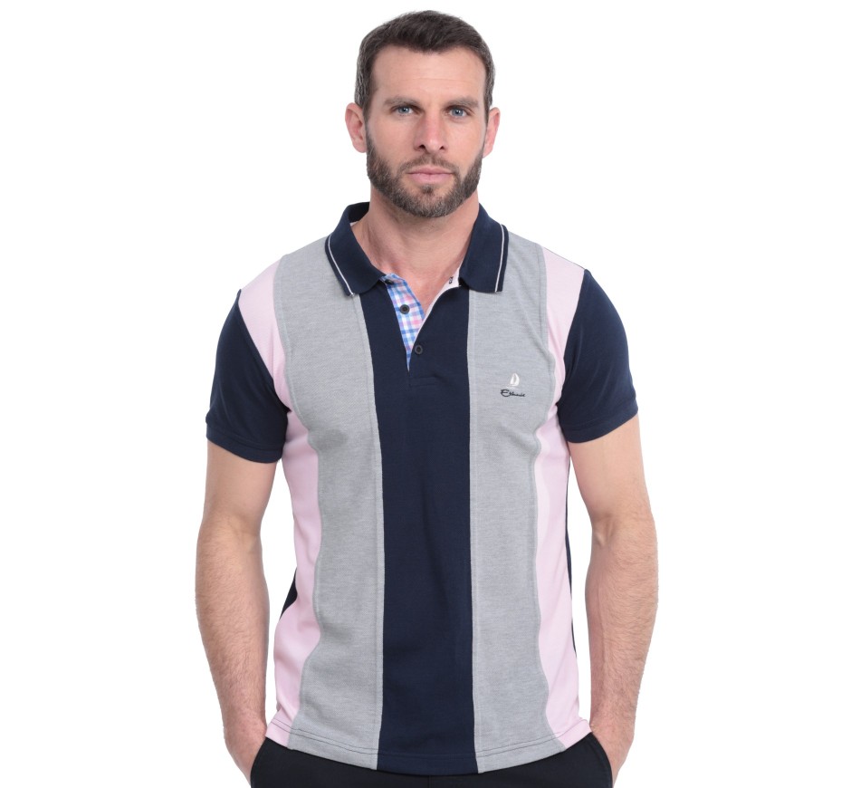 Polo homme tricolore vertical marine, gris, rose, manches courtes