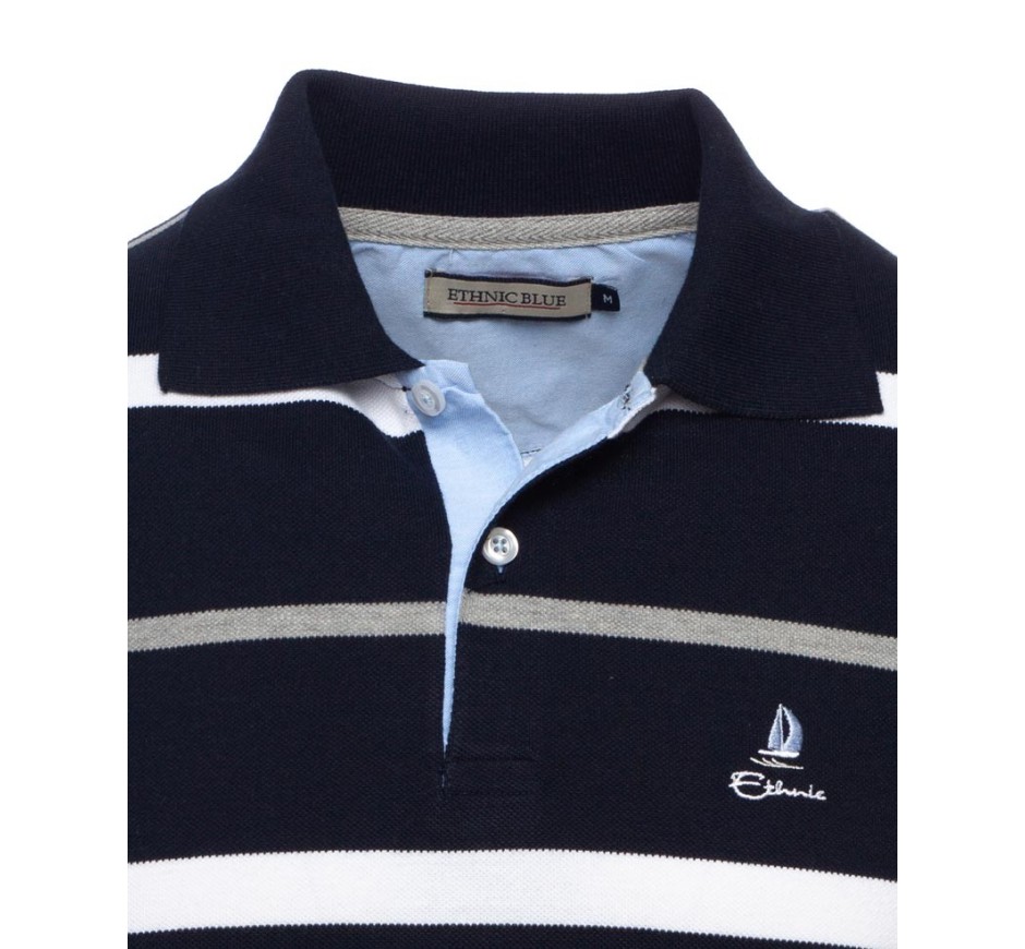 White & Gray Striped Piqué Polo – Ethnic Blue