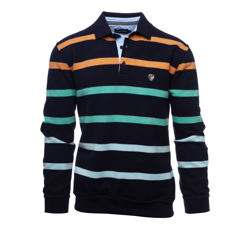 Navy Polo with Peach, Green, and Sky Blue Stripes