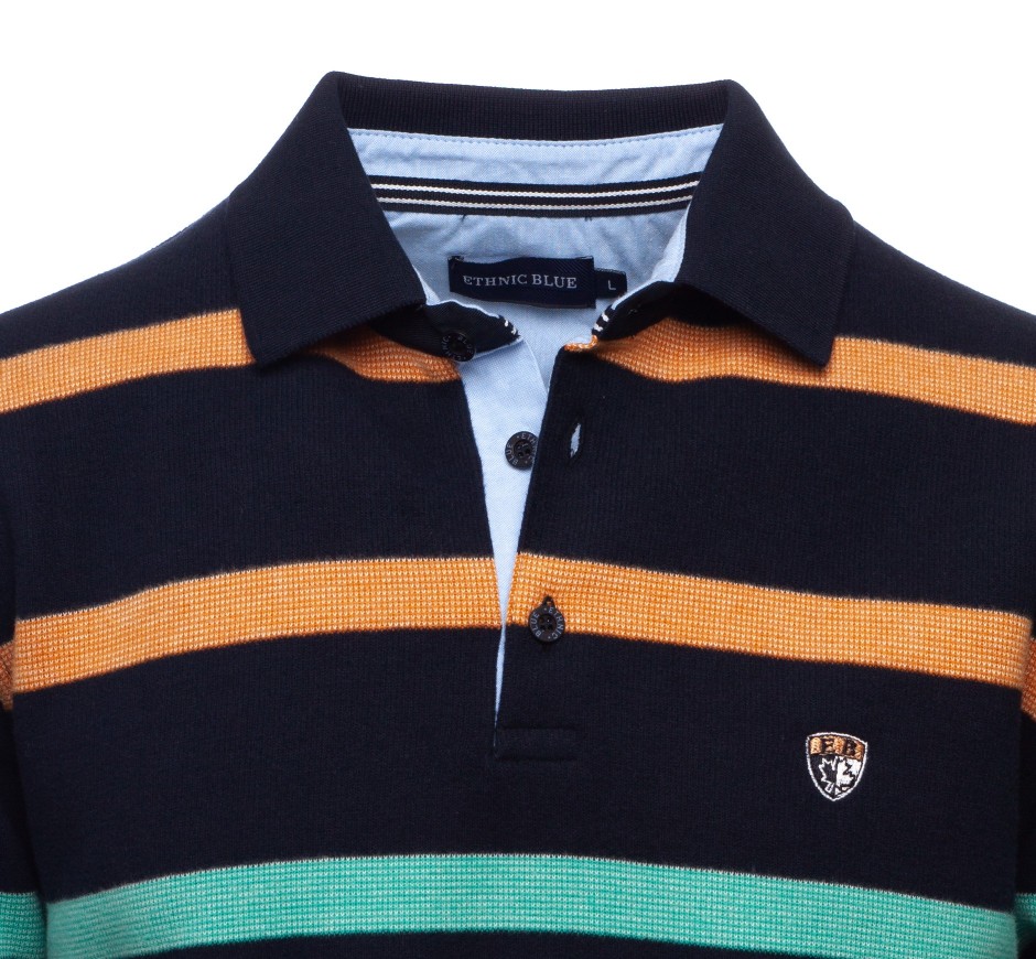 Navy Polo with Peach, Green, and Sky Blue Stripes