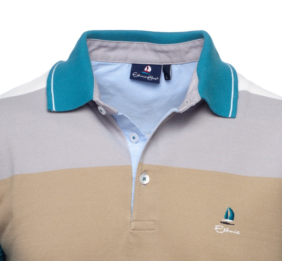 Polo Piqué Rayé Turquoise - Respirant et Durable - Fabriqué au Portugal