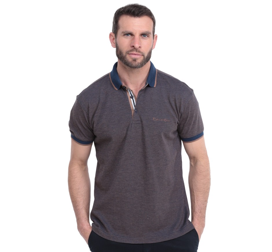Polo homme uni marron chiné manches courtes piqué