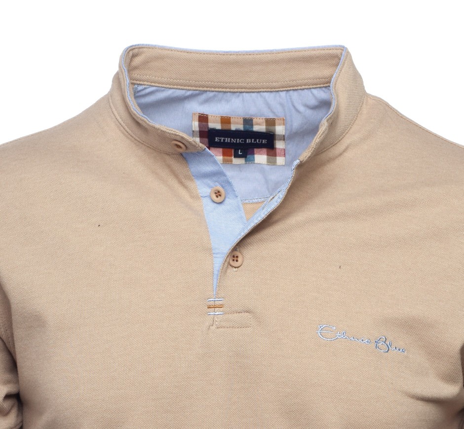 Navy Piqué Knit Polo with Mandarin Collar - Casual Elegance Made in Portugal