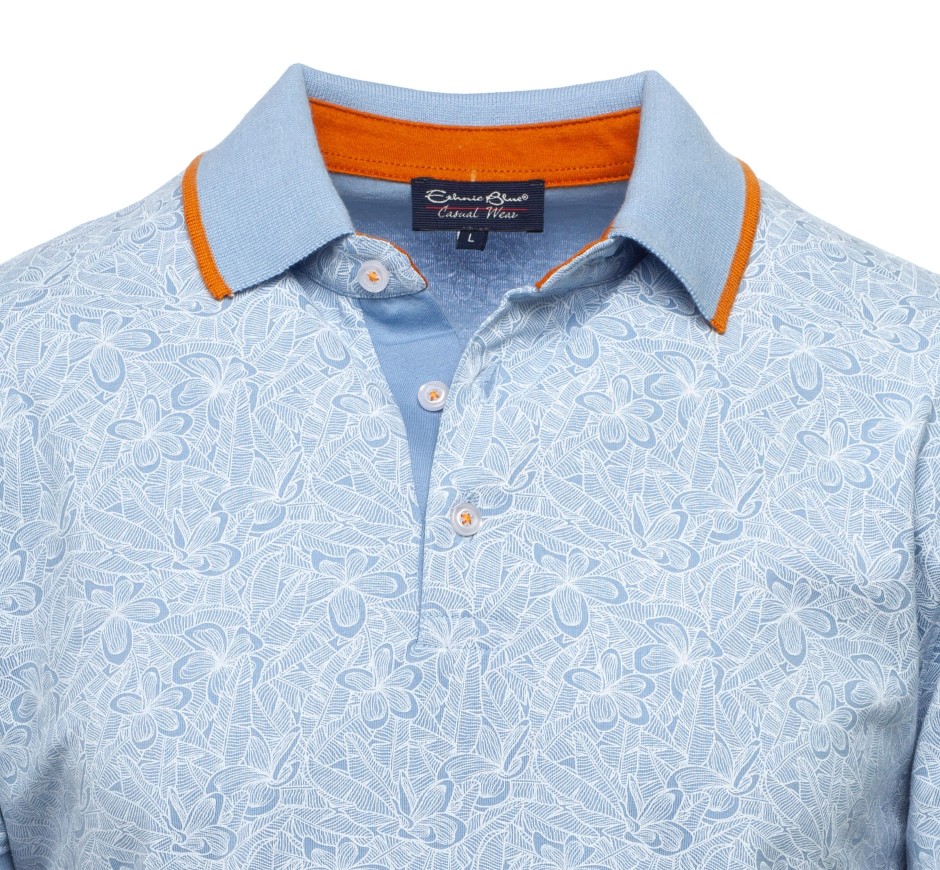 Polo Jersey Imprimé Fleuri Discret avec Liseré Contrastant – Élégance Ethique Made in Portugal