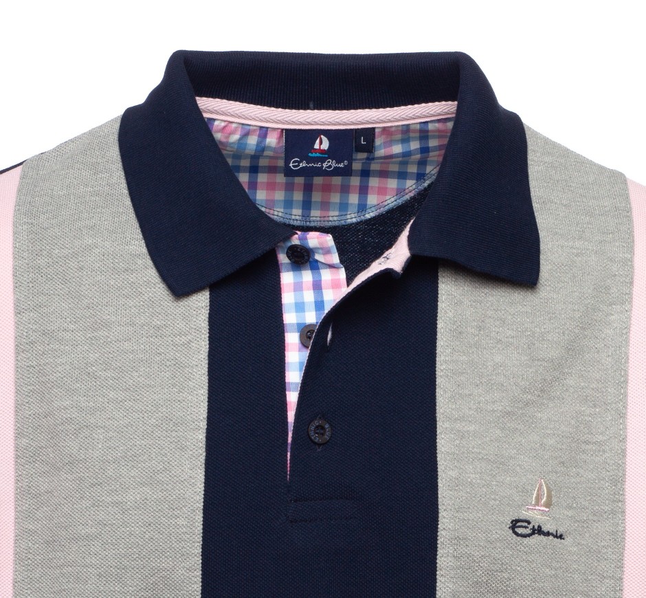 Polo homme tricolore vertical marine, gris, rose, manches courtes