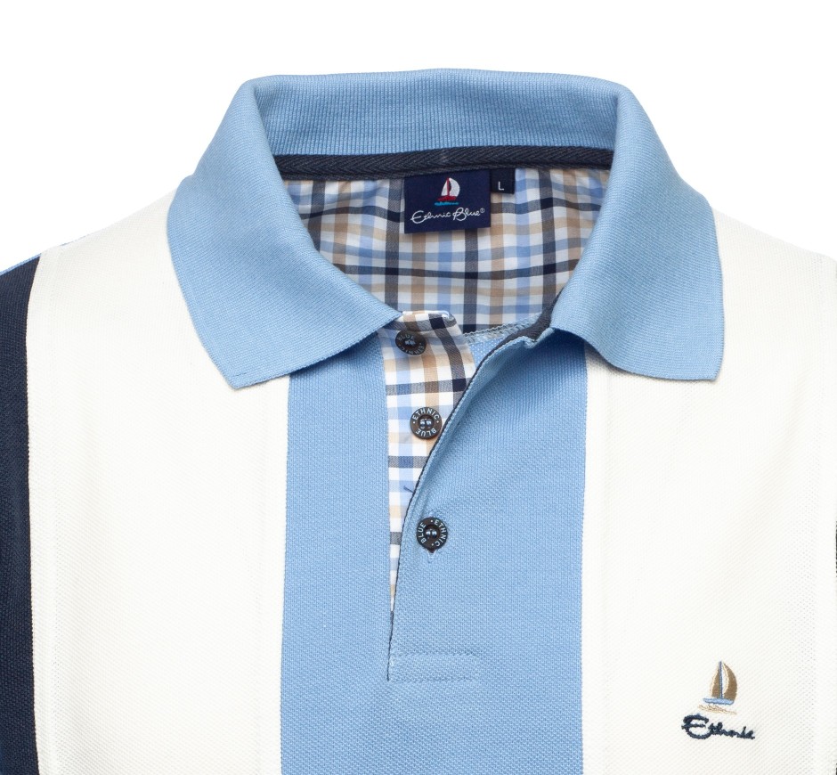 Polo homme tricolore vertical marine, gris, rose, manches courtes