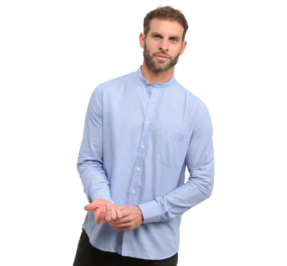 Chemise Bleu Col Mao en Lin et Coton - Respirabilité et Entretien Facile