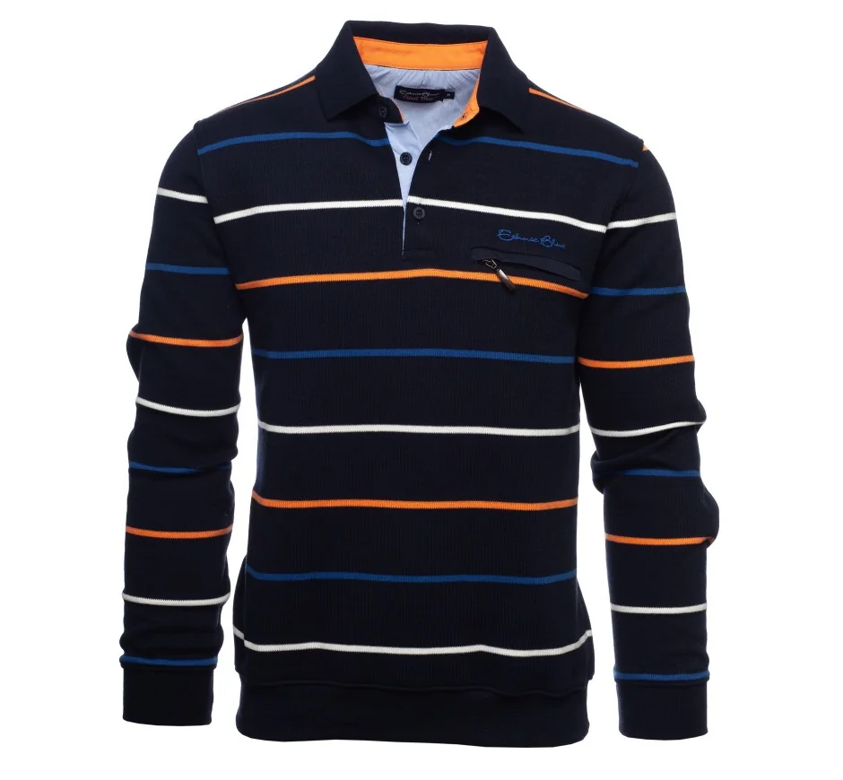 Long-sleeve striped polo with zipped pocket – Warm & comfortable – Made in Portugal