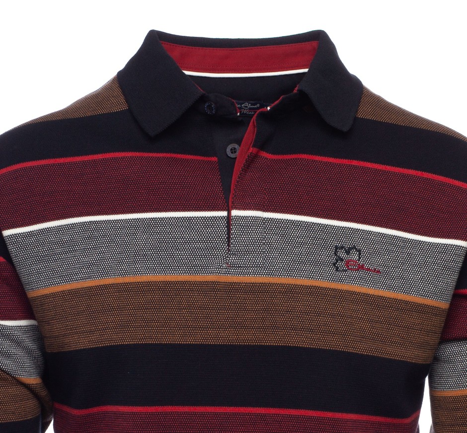 Men's striped polo, long sleeves black red camel white