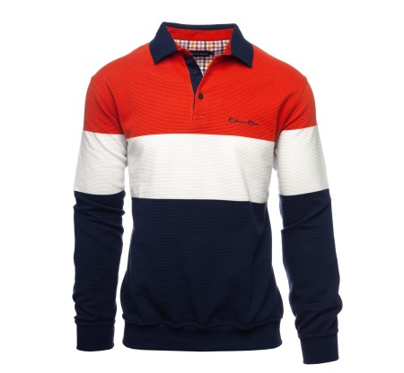 Sweat Col Polo en Maille Ottoman - Corail, Écru et Marine