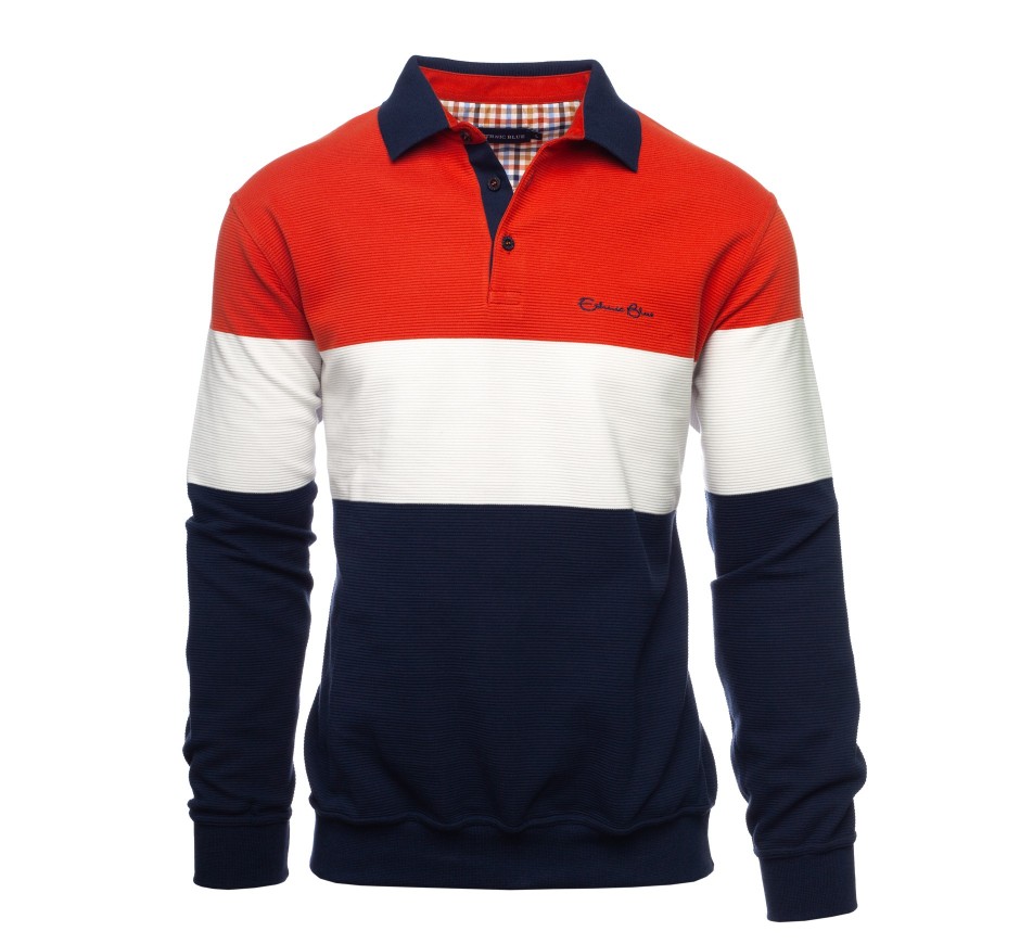 Sweat Col Polo en Maille Ottoman - Corail, Écru et Marine