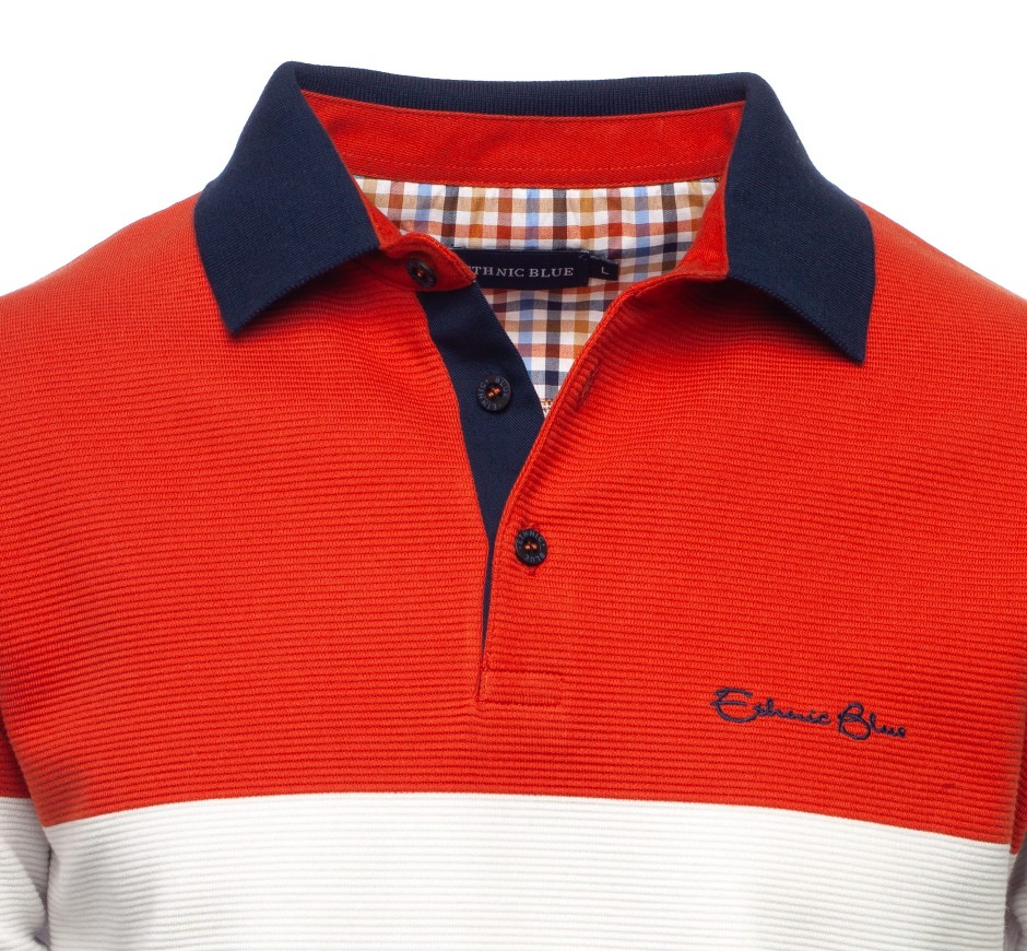 Sweat Col Polo en Maille Ottoman - Corail, Écru et Marine