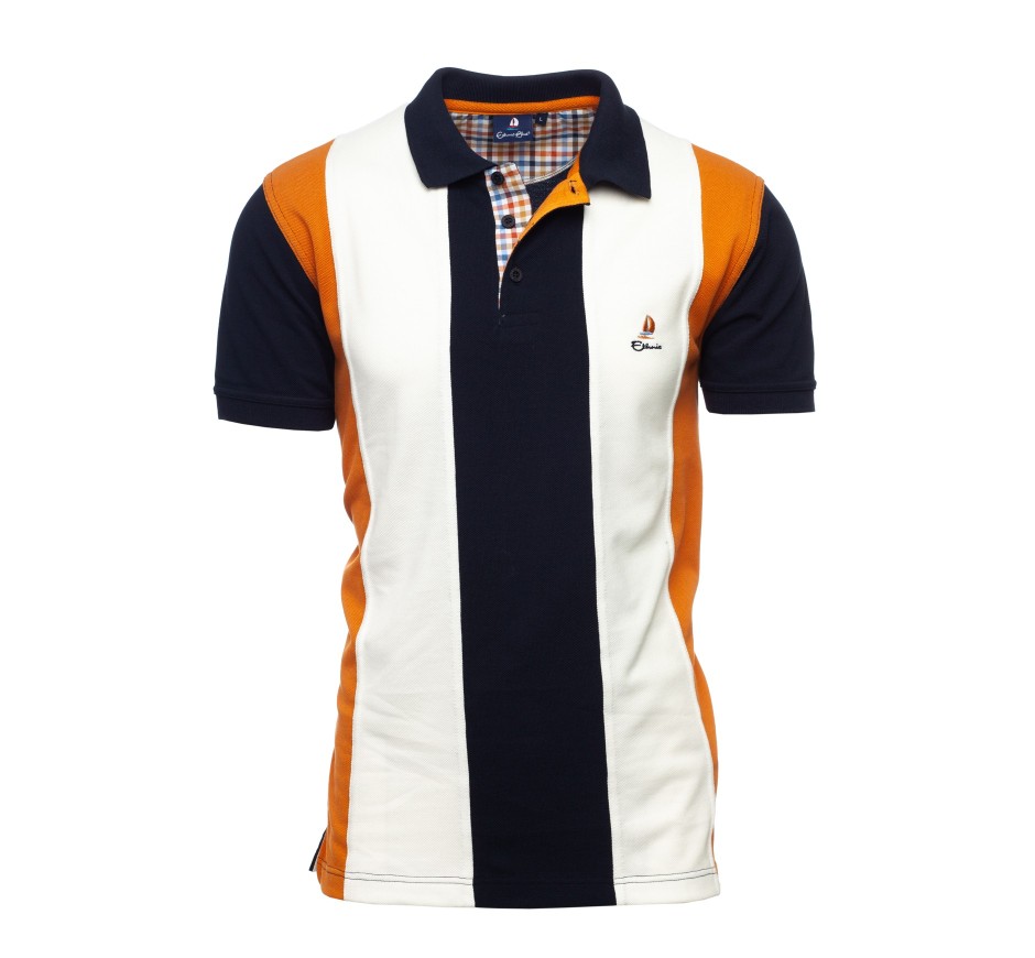 Polo homme tricolore vertical marine, gris, rose, manches courtes