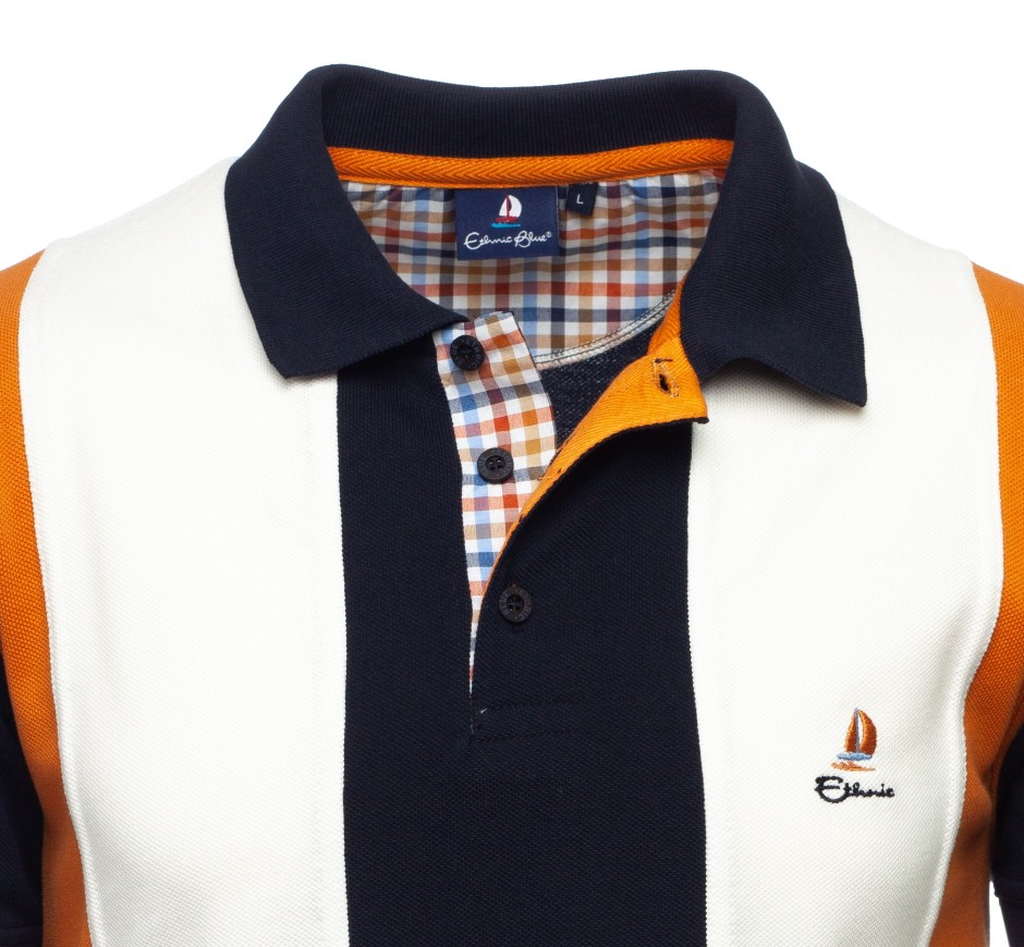 Polo homme tricolore vertical marine, gris, rose, manches courtes