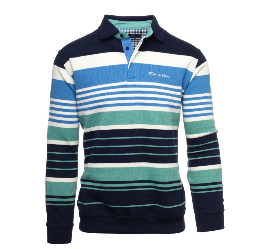 Men's polo, long sleeves, white navy green blue stripes