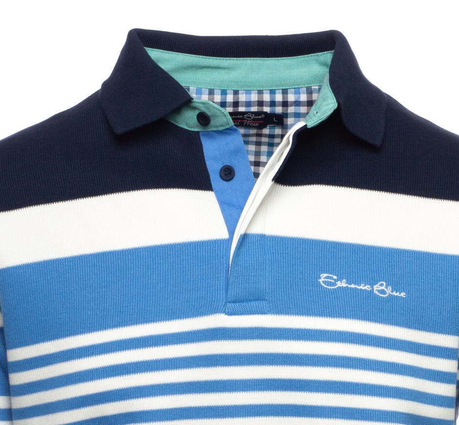 Men's polo, long sleeves, white navy green blue stripes