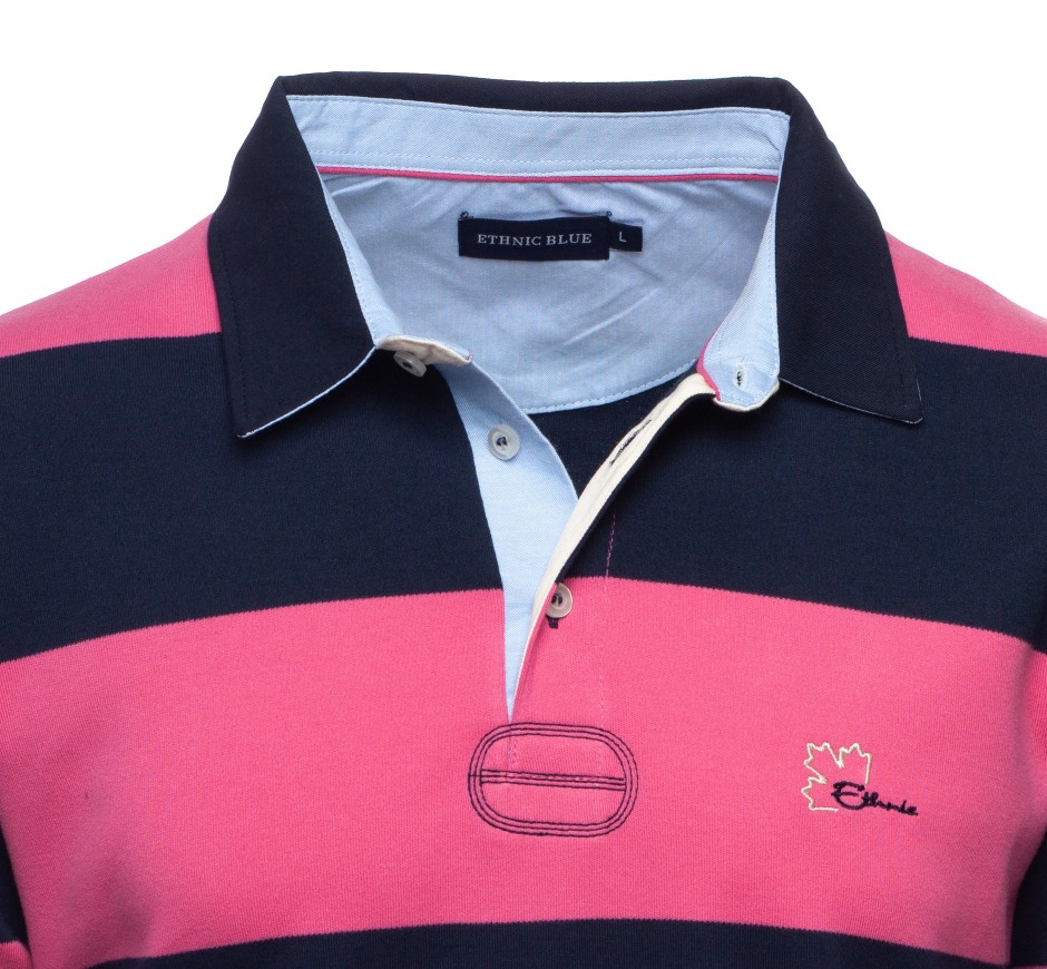 Polo rugby homme manches longues rayé bleu ciel