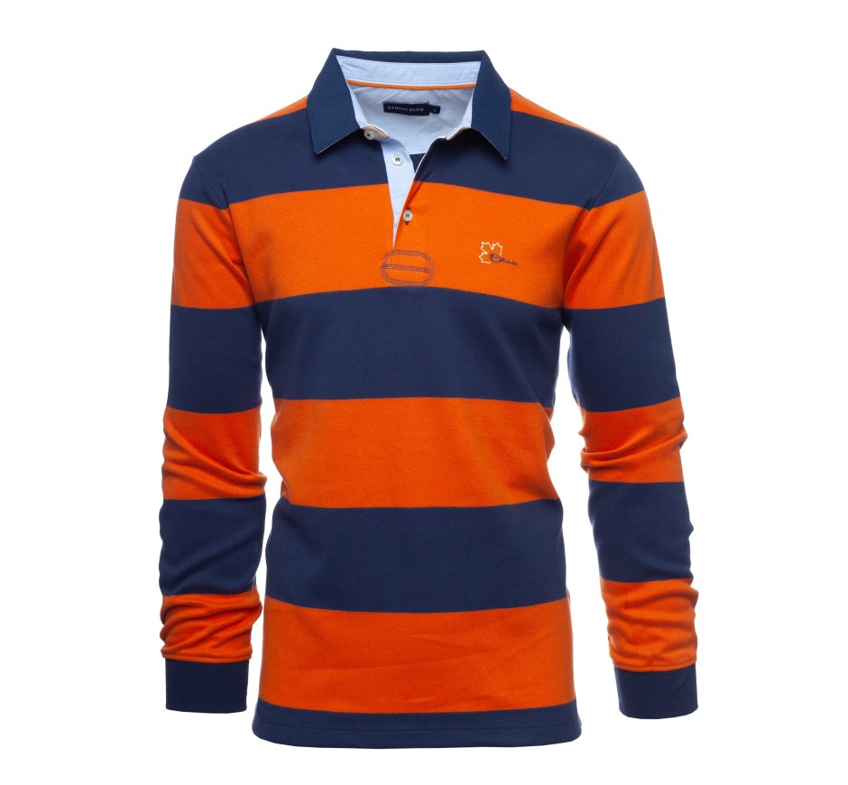 Polo rugby homme manches longues rayé bleu ciel