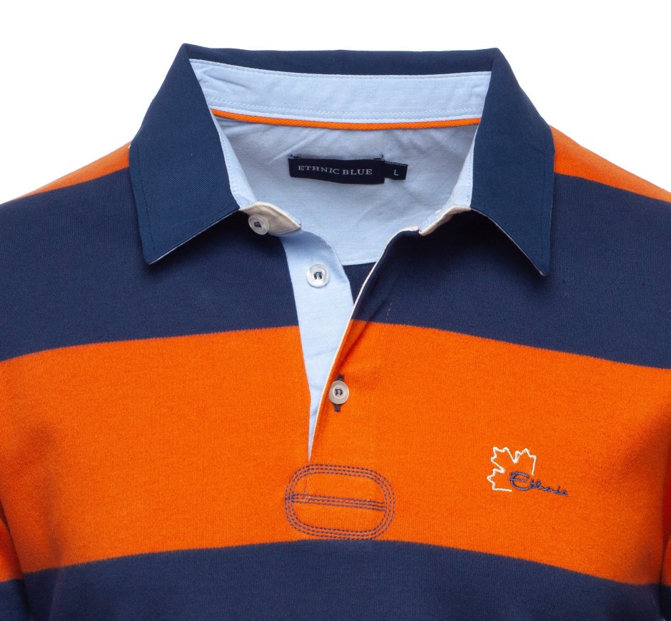 Polo rugby homme manches longues rayé bleu ciel