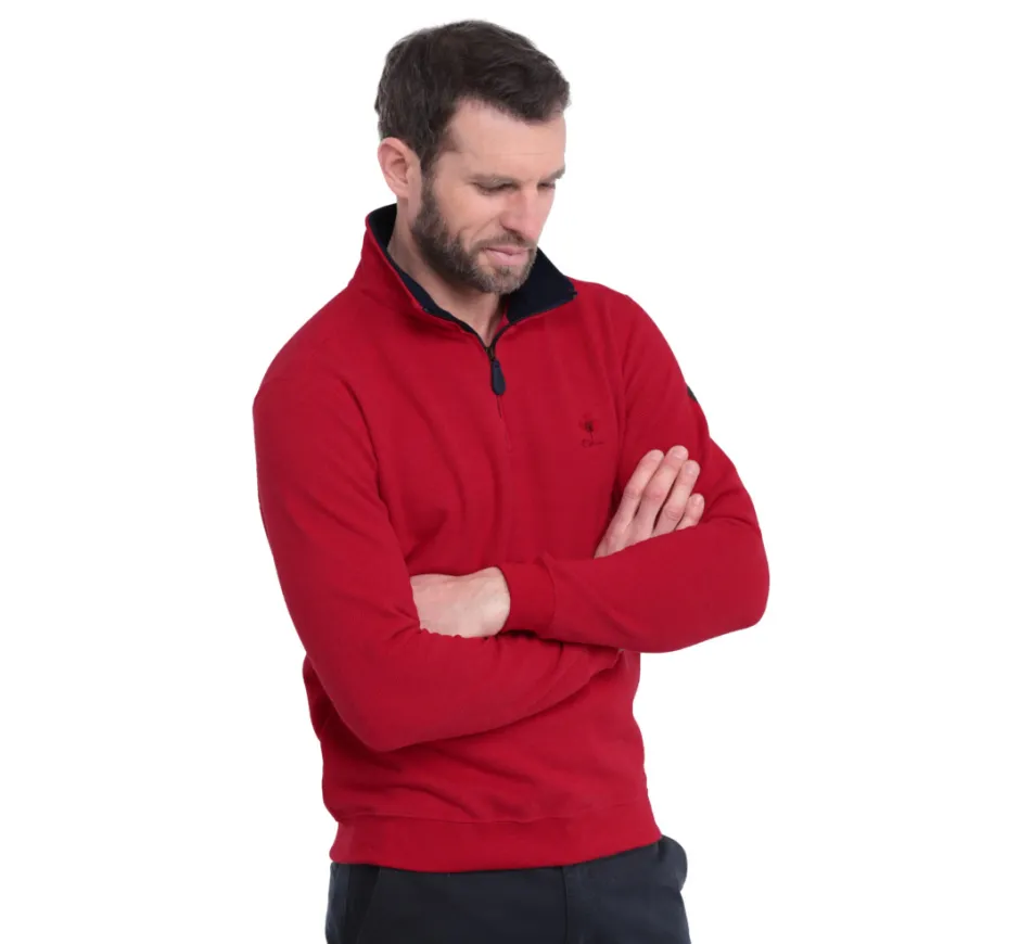 Sweat col zip en maille PIQUÉE uni ROUGE CLAIR