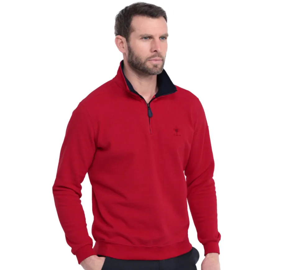 Sweat col zip en maille PIQUÉE uni ROUGE CLAIR