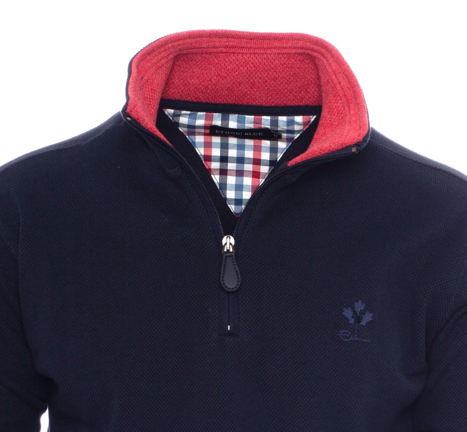 Sweat col zip maille piquée homme grandes tailles (3XL, 4XL) | Ethnic Blue