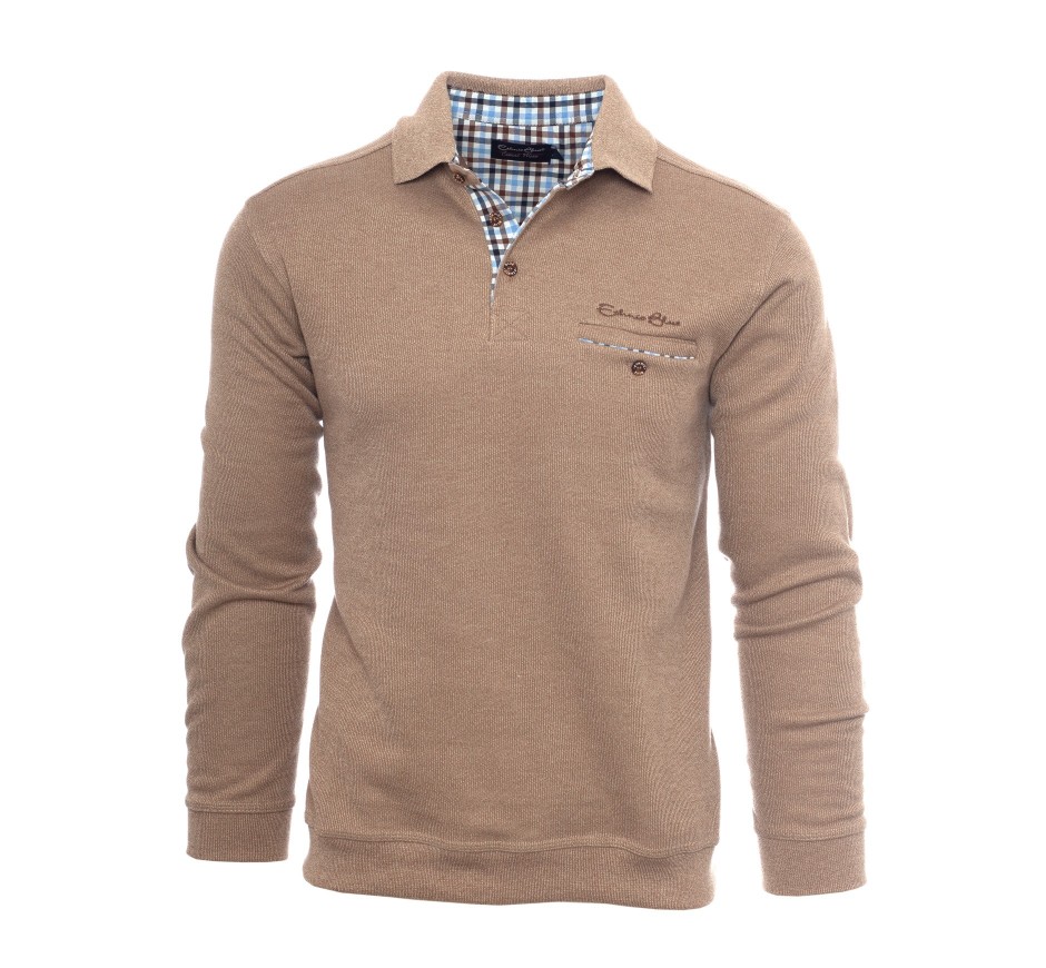 Men's polo, long sleeves, blue melanged, pocket, classical
