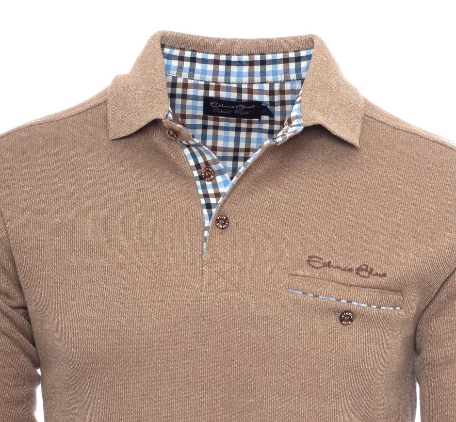 Men's polo, long sleeves, blue melanged, pocket, classical