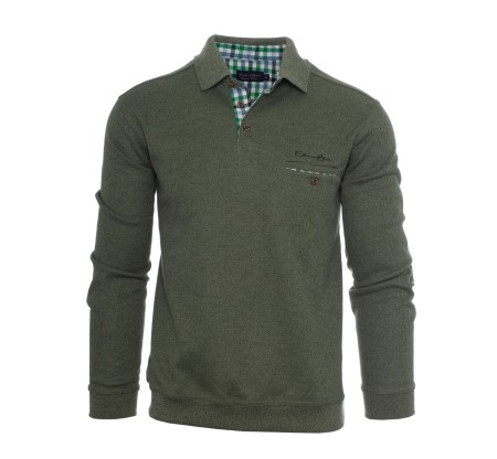 Men's polo, long sleeves, blue melanged, pocket, classical