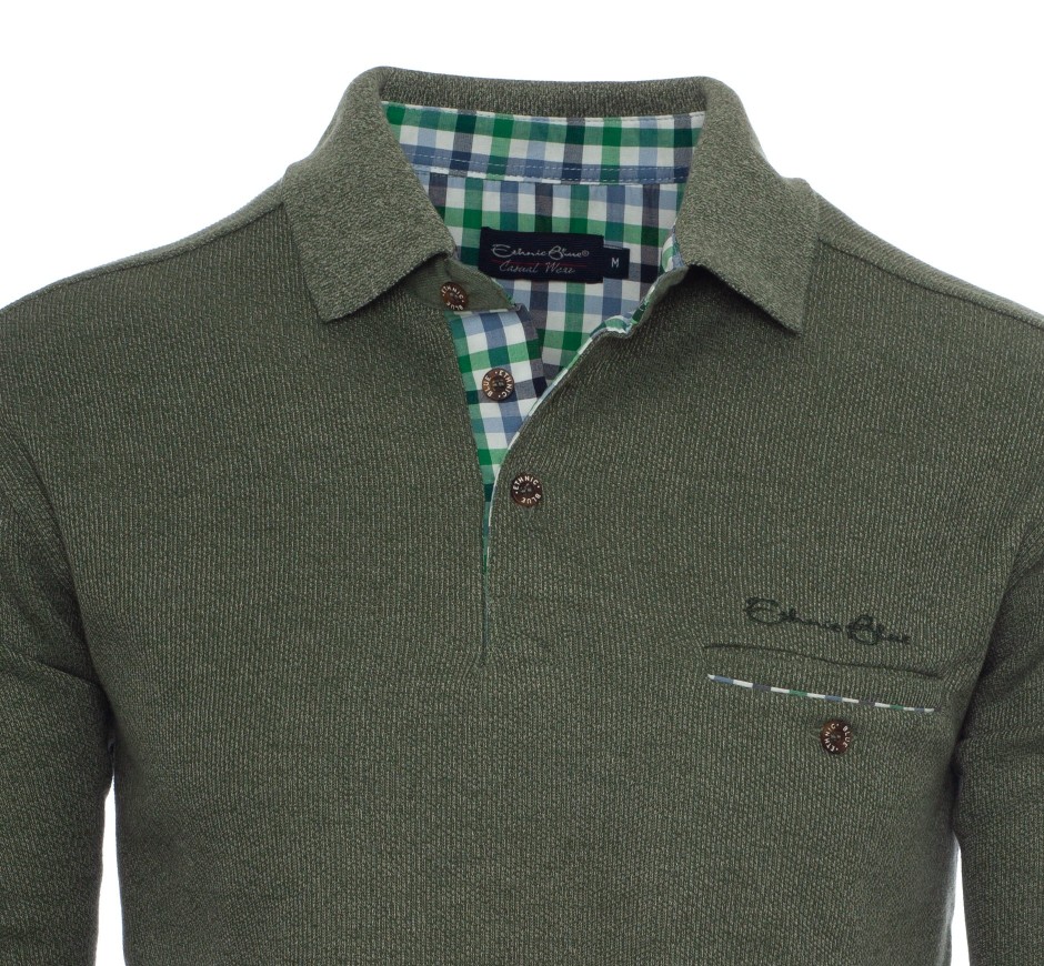 Men's polo, long sleeves, blue melanged, pocket, classical