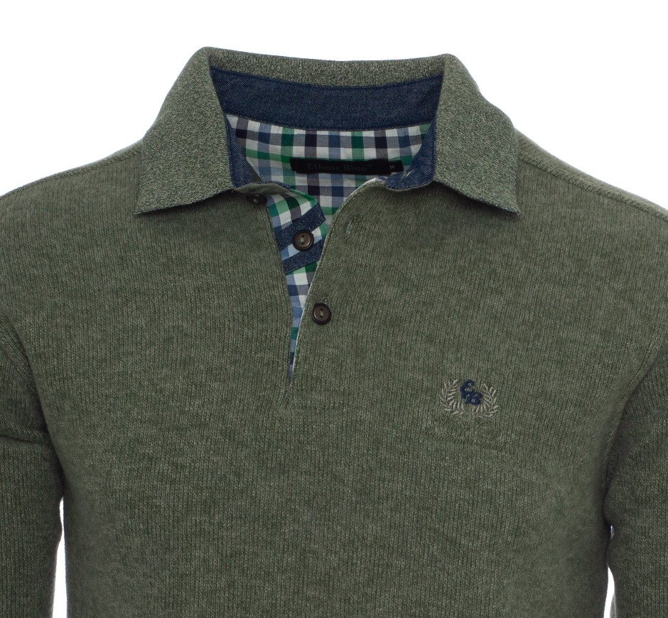 Men's polo, long sleeves, sky blue, soft touch denim elbows