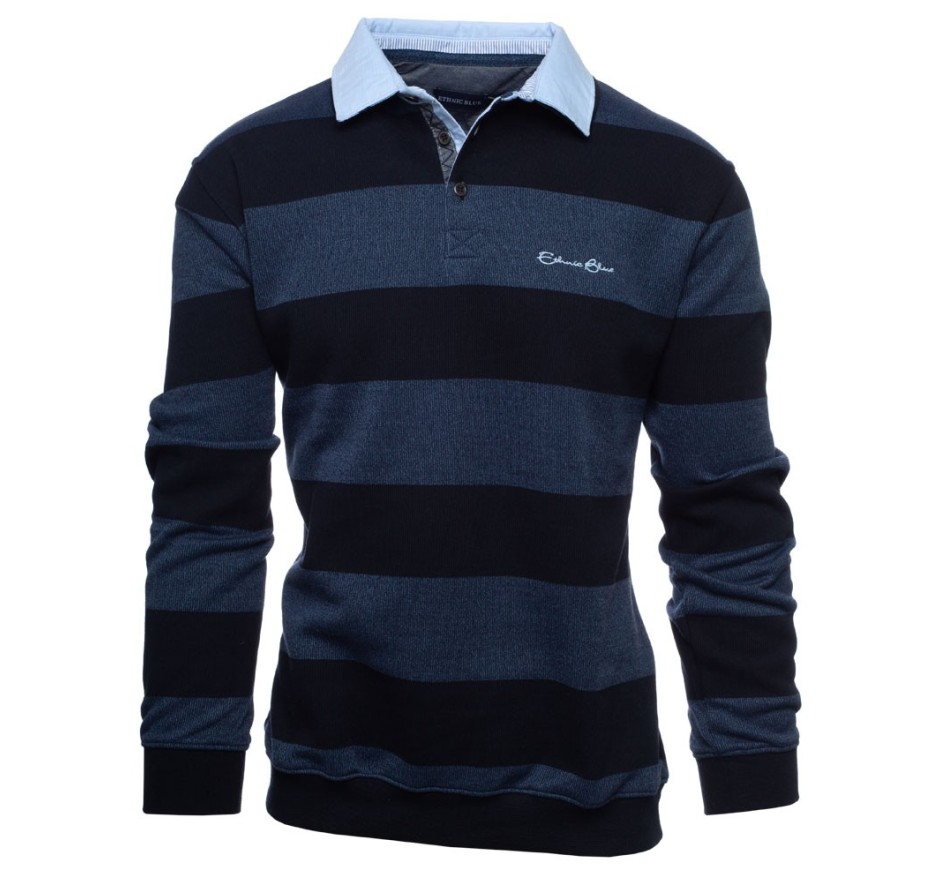 Men's polo, long sleeves, dark grey eggplant stripes, soft touch