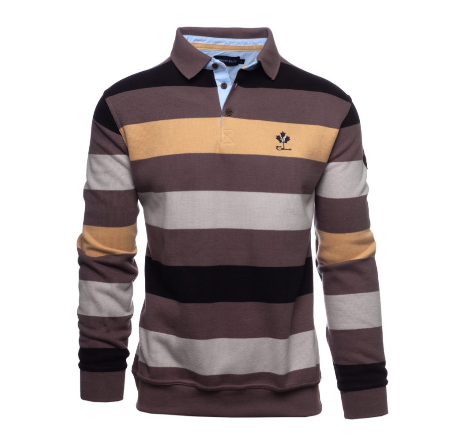 Men's polo, long sleeves, dark orange navy khaki blue stripes, soft touch