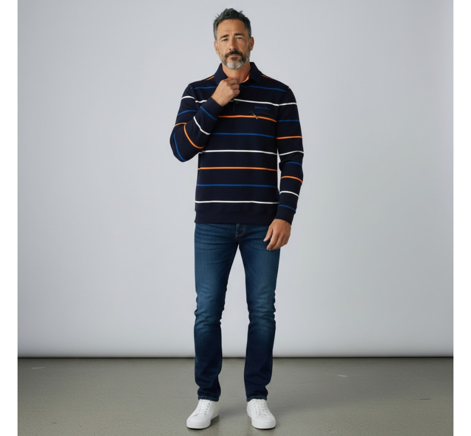 Striped long-sleeve polo with zip pocket  - Ethnic Blue