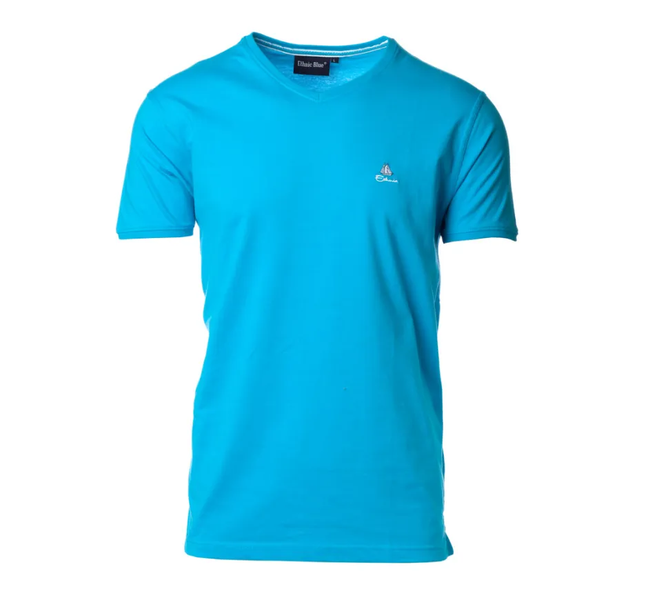 T-SHIRT jersey manches courtes uni BLEU OCEAN col V