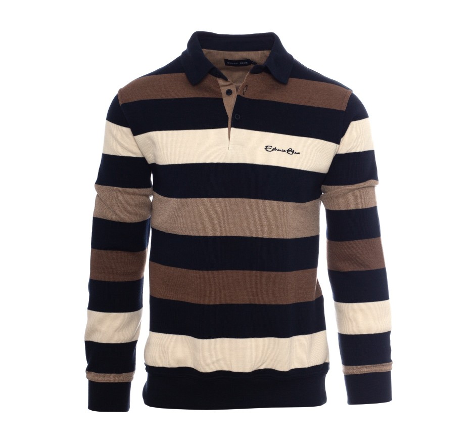 Men's Fleece Striped Polo Shirt - Warmth & Elegance | Ethnic Blue