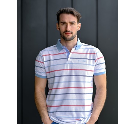Men's polo, short sleeves, white with red, blue and sky blue stripes