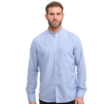 White Mandarin Collar Shirt in Linen and Cotton Blend - Breathability and Easy Care