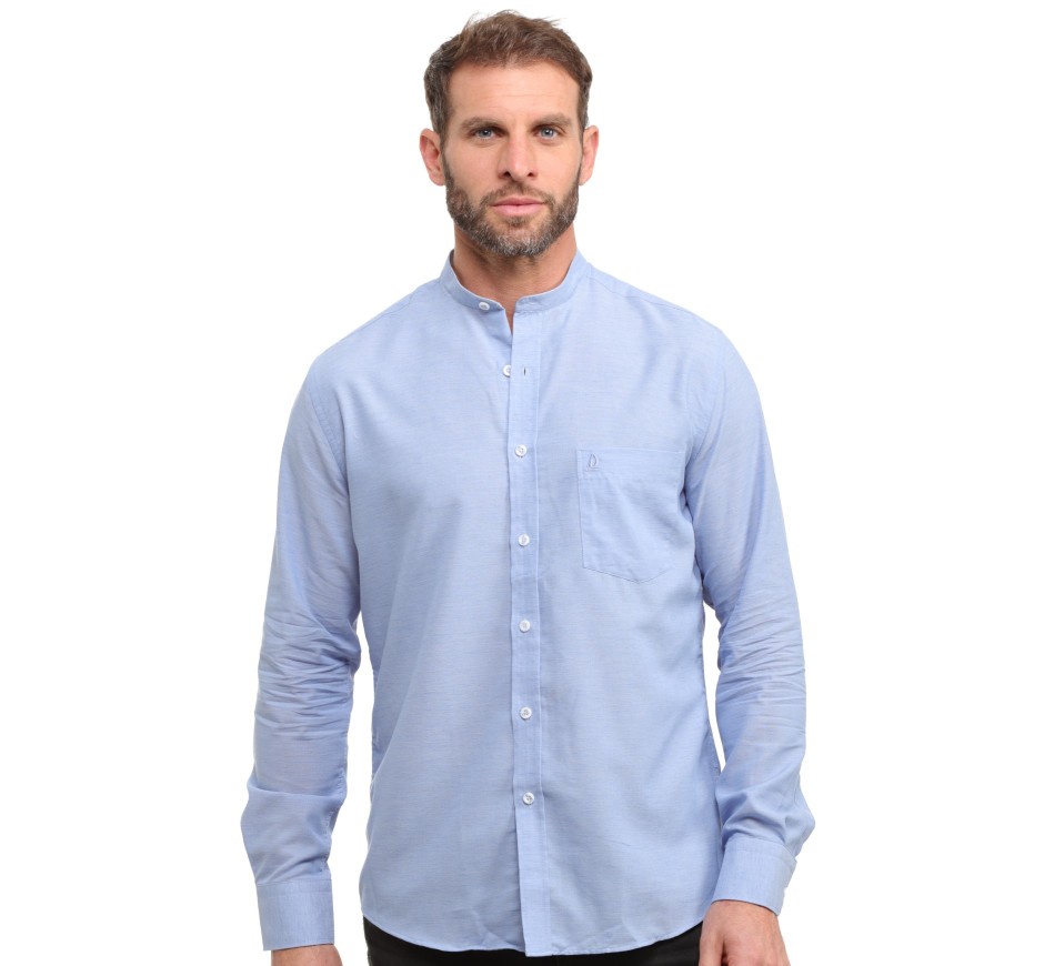 White Mandarin Collar Shirt in Linen and Cotton Blend - Breathability and Easy Care