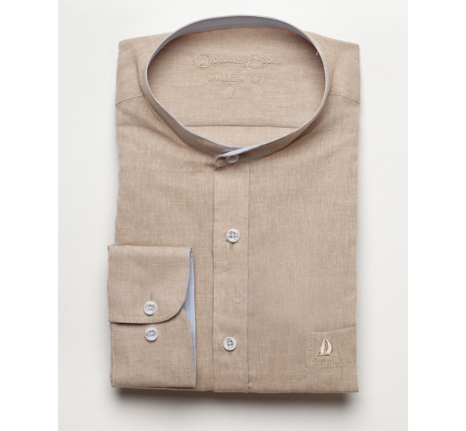 White Mandarin Collar Shirt in Linen and Cotton Blend - Breathability and Easy Care