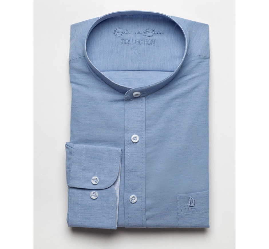 White Mandarin Collar Shirt in Linen and Cotton Blend - Breathability and Easy Care