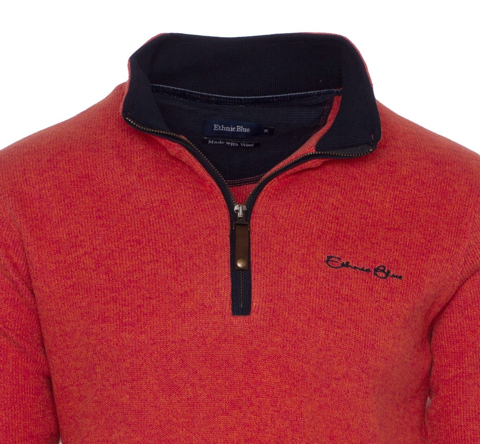 Men's Premium Quarter-Zip Sweater with Wool | Ethnic Blue